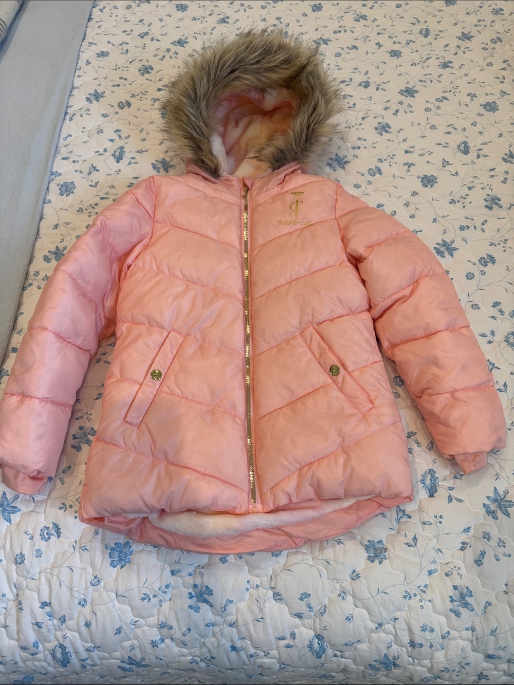 Juicy Couture Pink Faux-Fur Hooded Puffer Coat